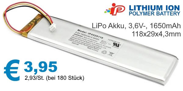  LiPo Akku, 3,6V-, 1650mAh, 5,94Wh, 118x29x4,3mm