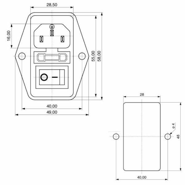 Wippschalter Snap-In C14 Kaltgeräteeinbaustecker mit Sicherungshalter und 2-pol 
