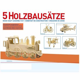 Holzbausatz 5x Technikmotive (Oldtimer, Lokomotive,...