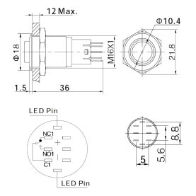 18mm Edelstahl-Taster, LED-Ringbeleuchtung, 1 Wechsler, 3A, 250V~, IP67, rot