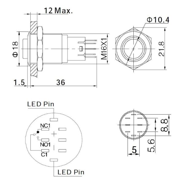 LED Druck-Schalter aus Edelstahl – massiv, nicht rostend – staub- und  wasserdicht – mit Licht-Symbol 230V – Ø 19 mm - Rot : : Baumarkt