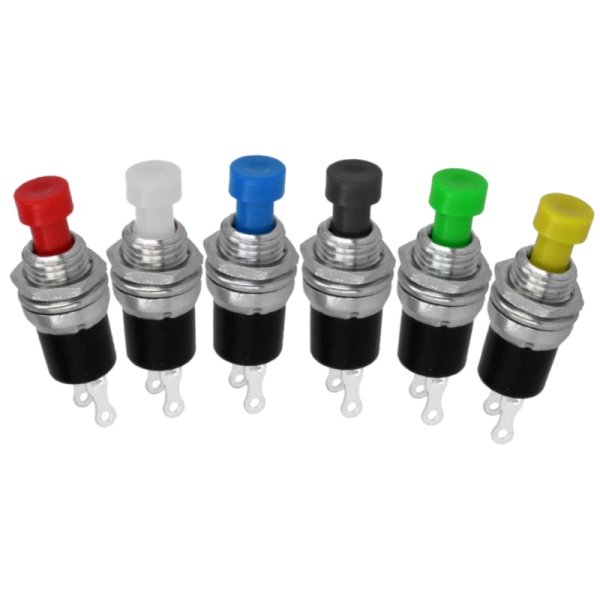 Miniatur-Drucktaster mit 7mm Einbau-Ø, OFF-(ON), 0,5A/250V, verschiedene Farben