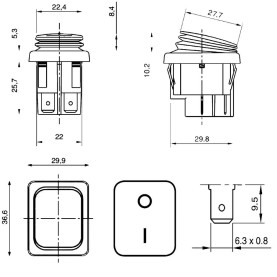 Kontroll-Wippenschalter, IP65, 30x22mm, 2-polig, EIN/AUS, 16A/250V, orange