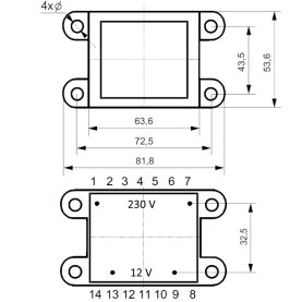 Printtransformator, 30VA, 230V zu 12V, 2,5A, 64x54x48mm