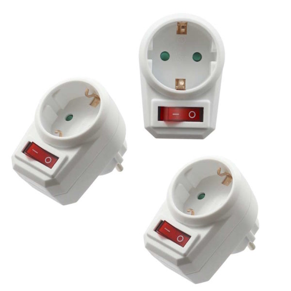 Schutzkontakt-Steckeradapter mit beleuchtetem Schalter, 3 Stück