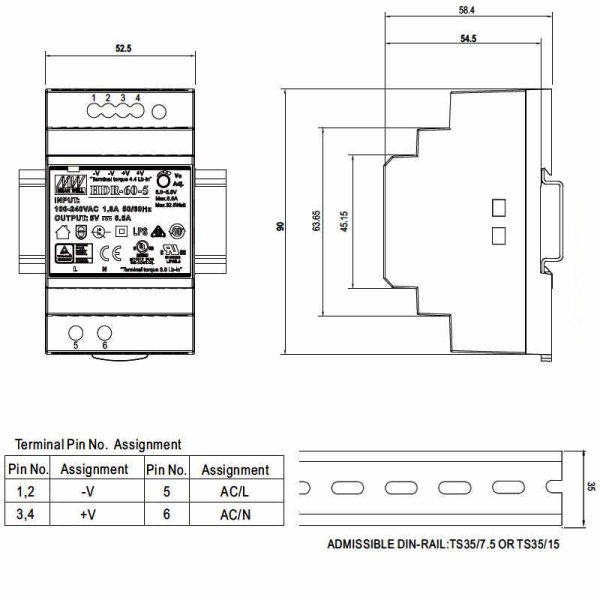 Hutschienen Netzteil 60W 48V 1,25A ; MeanWell HDR-60-48 ; DIN-Rail Trafo 