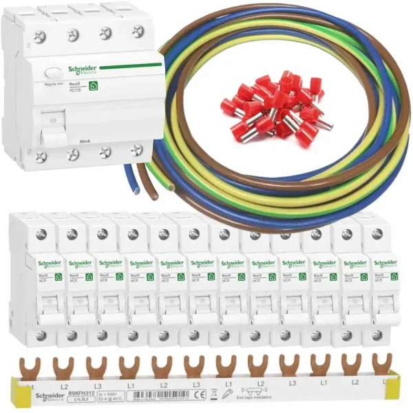 Elektro-Verteilungsset, FI-Schalter, 12x LS-Schalter B16A, Verdrahtungssatz 10mm²