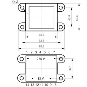 Printtransformator, 30VA, 230V zu 24V, 1,25A, 64x54x48mm