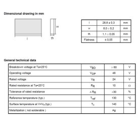 PTC Thermistor, Heizelement versilbert, 28,8x8x1,1mm, 130°C, 48V-, 10R