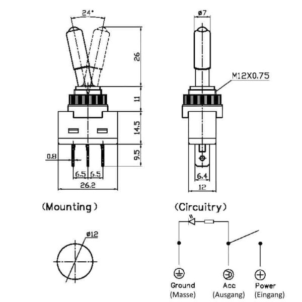 EinbauØ=12mm,Ideal Kfz EIN-0-TAST 30VDC/20A Kippschalter Hebelschalter robust 