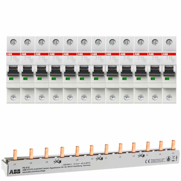 ABB-Set 12, 12x LS-Schalter S201-B16, 1x Phasenschiene PS3/12