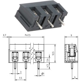 Leiterplatten-Anschlussklemme, anreihbar, RM7,5, grau, 3-polig, 10 Stück