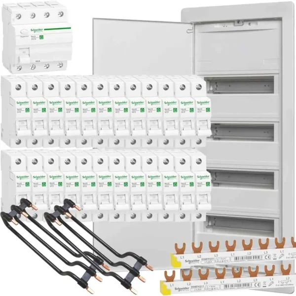 Hohlwand-Verteilungsset, 4-reihig, FI-Schalter, 24x B16A, Verdrahtungsset