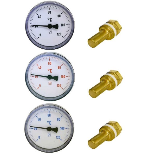 Bimetall-Thermometer-Serie, DN15 (1/2"), Ø 63mm, mit Tauchhülse, schwarz/rot/blau