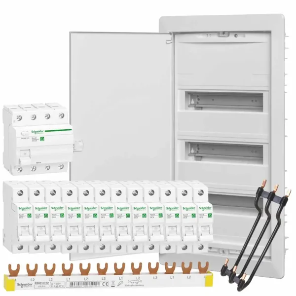 Unterputz-Verteilungsset, 3-reihig, FI-Schalter, 12x B16A, Verdrahtungssatz