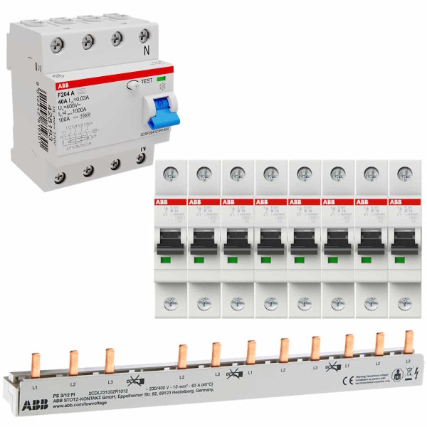 ABB-Set 1-8, FI-Schalter 40/0,03A, 8x LS-Schalter B16A, Verdrahtungsmaterial