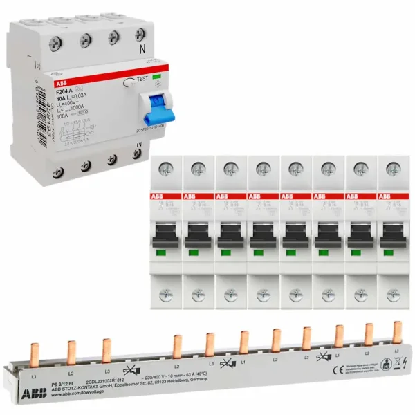 ABB-Set 1-8, FI-Schalter 40/0,03A, 8x LS-Schalter B16A, Verdrahtungsmaterial