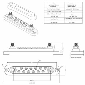 150A Hochstrom-Busbar, max. 48V-, 2x M6 & 12x M4, schwarz