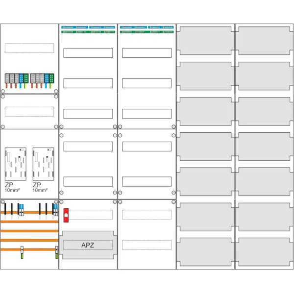 Zählerschrank, 2x eHZ, Verteilerfeld/APZ, Verteilerfeld, 2x Mediafeld