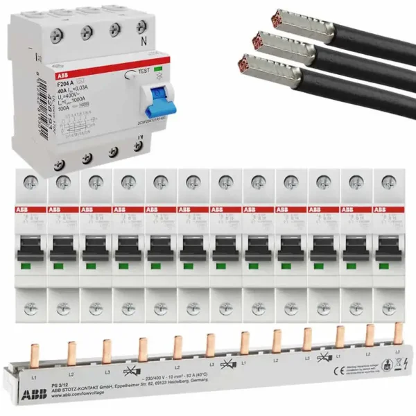 ABB-Set 1-12, FI-Schalter 40/0,03A, 12x LS-Schalter B16A, Verdrahtungsmaterial