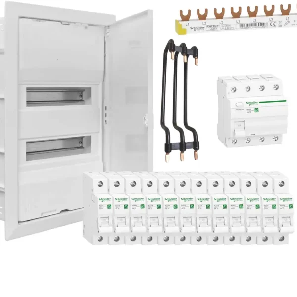 Unterputz-Verteilungsset, 2-reihig, FI-Schalter, 12x B16A, Verdrahtungssatz