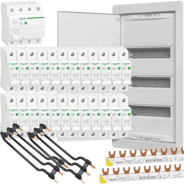 Unterputz-Verteilungsset, 3-reihig, FI-Schalter, 24x B16A, Verdrahtungssatz