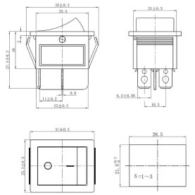 Kontroll-Wippenschalter, 30x22mm, 2-polig, EIN/AUS, 16A/250V, rot